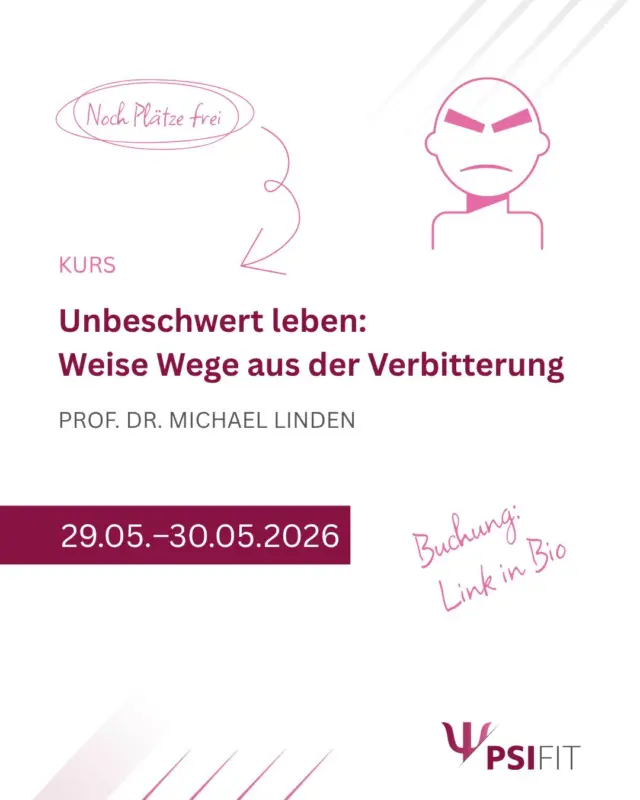 Verbitterung ist eine Emotion, die – ähnlich wie Angst – jedem Menschen als normale Reaktion bekannt ist, jedoch in größerer Intensität pathologisch werden kann, im Sinne der „Posttraumatischen Verbitterungsstörung“. Verbitterung entsteht reaktiv nach der Verletzung zentraler Grundannahmen durch Erlebnisse von Ungerechtigkeit, Herabwürdigung oder Vertrauensbruch. Wenn diese Erlebnisse mit einem Gefühl der Hilflosigkeit einhergehen, entwickelt sich Verbitterung als eine masochistische Reaktion der Selbstverteidigung durch Selbstzerstörung. Sie wird durch Erinnerungen an Vergangenes angetrieben und ist oft mit der Unfähigkeit verbunden, loslassen zu können. Verbitterungsreaktionen und auch die Posttraumatische Verbitterungsstörung sind häufig. Viele Rechtsanwälte, Therapeuten und Gutachter sind in ihrem Berufsalltag mit Verbitterungsreaktionen konfrontiert und kennen das Leid, das sie für Betroffene, ihre Umwelt und das Sozialsystem bedeuten, und wissen, wie schwer es ist, damit umzugehen.
Verbitterung ist zudem schwer zu behandeln. Ein neuer Therapieansatz, die Weisheitstherapie, leitet sich aus der Weisheitspsychologie ab. Auf der Grundlage der Lebensspannen- und Entwicklungspsychologie gibt es mittlerweile eine umfangreiche empirische Forschung in der Weisheitspsychologie. Weisheit wird als „Expertise im Umgang mit schwierigen Fragen des Lebens“ definiert und ist transdiagnostisch ein Resilienzfaktor, der für die Lebenszufriedenheit wichtiger ist als die objektiven Lebensbedingungen. Menschen mit hoher Weisheit können besser auf belastende Ereignisse reagieren und sich auch leichter davon distanzieren. Weisheit ist eine mehrdimensionale Fähigkeit, die allen Menschen innewohnt und notwendig ist, um mit komplexen Situationen und Entscheidungen im Leben konstruktiv umgehen zu können – sei es beim Einkaufen, bei Berufsentscheidungen oder bei traumatischen Lebenserfahrungen. 
Buchen Sie jetzt! Anmeldungen erbitten wir bevorzugt über unsere Webseite (http://www.psifit.de), sind aber auch per E-Mail, Fax und postalisch möglich. Den Link finden Sie auch direkt in unserer Bio.
#PsiFit #Psychotherapie #wolfsburg #fortbildung #niedersachsen