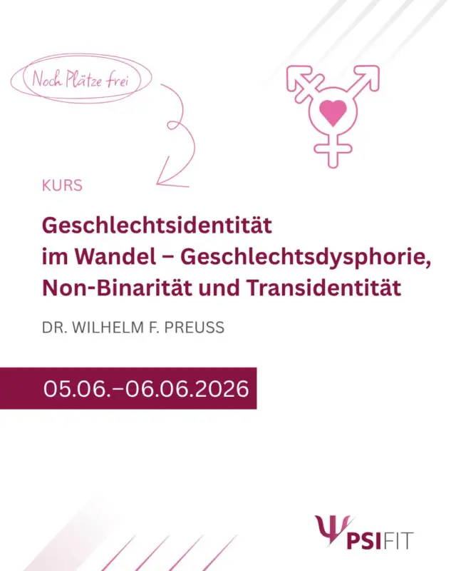 Die Behandlung von transidenten und non-binären Patient:innen beruht auf dem Konzept der „konstitutionellen Geschlechtervielfalt“. Dieses Konzept ist auch für das Verständnis der psychosexuellen Entwicklung aller anderen Patient:innen von Bedeutung.
Der Kurs ist klinisch ausgerichtet; das heißt, kulturelle, politische und kontroverse Gender-Themen – wie etwa der Minority Stress, der sich durch das gesellschaftliche Zerstörungswerk des US-Präsidenten Trump erheblich verstärkt hat – werden berücksichtigt, sollen jedoch stets im Hinblick auf ihre Auswirkungen auf einzelne Patient:innen sowie auf die eigenen Einstellungen reflektiert werden.

Buchen Sie jetzt! Anmeldungen erbitten wir bevorzugt über unsere Webseite (http://www.psifit.de), sind aber auch per E-Mail, Fax und postalisch möglich. Den Link finden Sie auch direkt in unserer Bio.

#PsiFit #Psychotherapie #wolfsburg #fortbildung #niedersachsen #ärztekammer #niedersachsen #psychologie #akademie