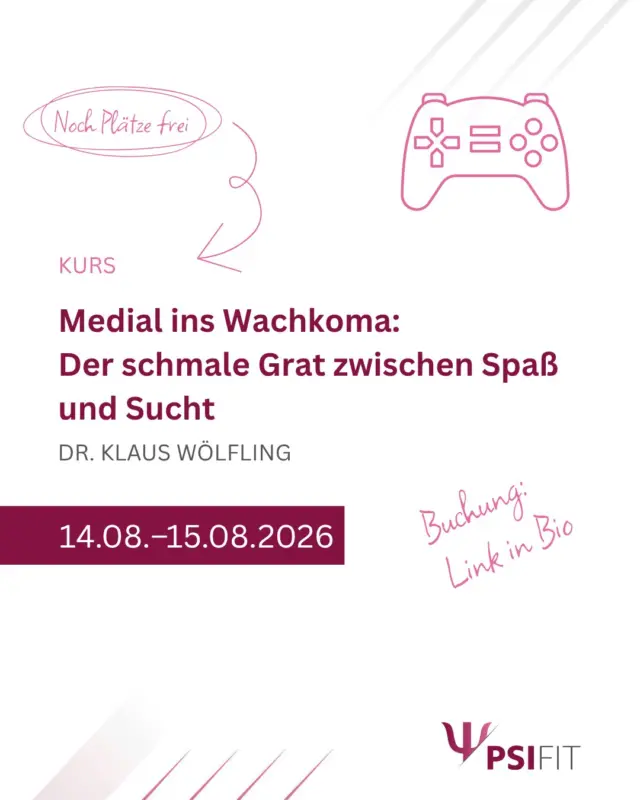 Mit der Einführung der neuen Diagnose „Gaming Disorder“ (Computerspielsucht) und der Residualkategorie für sonstige internetbezogene Störungen im ICD-11 wurde die Bedeutung medienassoziierter Störungen in der klinischen Praxis offiziell anerkannt. Diese Veränderung unterstreicht die Relevanz für Psychotherapeutinnen und Psychotherapeuten, sich intensiv mit internetbezogenen Störungen auseinanderzusetzen.

In der Praxis stellt sich häufig die Frage, wie sich süchtiges Internetnutzungsverhalten von problematischem, aber nicht-süchtigem Medienkonsum abgrenzen lässt. Dieser Vortrag gibt einen umfassenden Überblick über den aktuellen wissenschaftlichen Kenntnisstand zur Entstehung, Verbreitung und Diagnostik von internetbezogenen Störungen, mit einem besonderen Fokus auf die Kriterien und Merkmale der „Gaming Disorder“.

Im  Workshop wird ein verhaltenstherapeutisch orientiertes Gruppentherapieprogramm zur Behandlung von Internetsucht praxisnah vorgestellt. Mithilfe von videodokumentierten Fallbeispielen erhalten die Teilnehmenden Einblicke in bewährte Interventionstechniken und lernen, wie sie diese in ihrer eigenen therapeutischen Arbeit anwenden können.

Buchen Sie jetzt! Anmeldungen erbitten wir bevorzugt über unsere Webseite (http://www.psifit.de), sind aber auch per E-Mail, Fax und postalisch möglich. Den Link finden Sie auch direkt in unserer Bio.

#PsiFit #Psychotherapie #wolfsburg #fortbildung #niedersachsen #ärztekammer #niedersachsen #psychologie #akademie