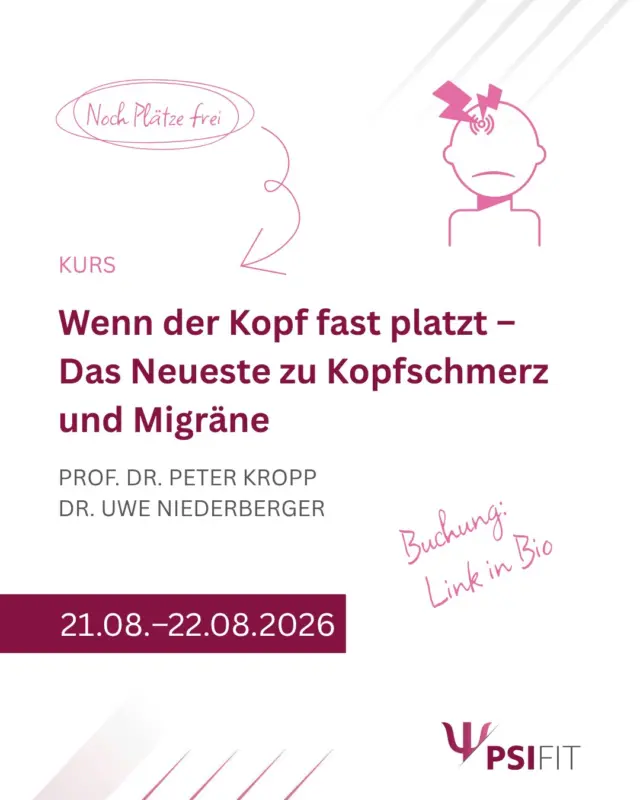 Migräne ist eine weit verbreitete Erkrankung, die die Lebensqualität erheblich beeinträchtigen kann. In diesem Kurs lernen Sie, Migräne ganzheitlich und nachhaltig zu begegnen, basierend auf dem bio-psycho-sozialen Modell. Im Fokus stehen nicht-medikamentöse, psychotherapeutische Ansätze zur Schmerzbewältigung, die Ihnen helfen, Migräneanfälle zu reduzieren und besser zu bewältigen.

Der Kurs bietet Ihnen einen umfassenden Überblick über die aktuellen wissenschaftlichen Erkenntnisse zur Migräne und verdeutlicht, wie eng die Psychologie mit dem Krankheitsbild verbunden ist. Neben der Vorstellung medikamentöser Behandlungsoptionen liegt ein besonderer Schwerpunkt auf evidenzbasierten psychotherapeutischen Methoden zur Akutbehandlung und Prophylaxe. Durch praktische Übungen, einschließlich Biofeedback, erlernen Sie wirksame Strategien zur nachhaltigen Migränekontrolle und zur Verbesserung der Lebensqualität.

Dieser Kurs vermittelt wertvolles Wissen und Werkzeuge, die Ihnen dabei helfen, die Kontrolle über Migräne zu stärken und die Belastungen dieser Erkrankung zu lindern.

Buchen Sie jetzt! Anmeldungen erbitten wir bevorzugt über unsere Webseite (http://www.psifit.de), sind aber auch per E-Mail, Fax und postalisch möglich. Den Link finden Sie auch direkt in unserer Bio.

#PsiFit #Psychotherapie #wolfsburg #fortbildung #niedersachsen #ärztekammer #niedersachsen #psychologie #akademie