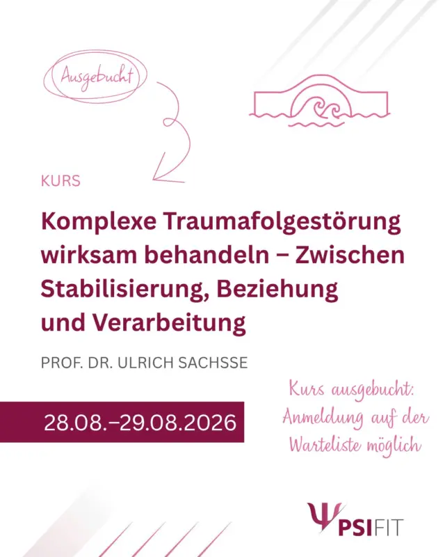 Es ist lange vorbei, dass „Trauma“ als Modethema galt. Traumafolgestörungen sind ein Element vieler psychischer und auch somatischer Erkrankungen. Besonders schwierig wird es, wenn eine chronifizierte PTBS bei einer Typ-D-Bindungsstörung entsteht; wir diagnostizieren dann eine komplexe PTBS.

Stichworte zum Seminar: PTBS – KPTBS – Typ-D-Bindungsstörung – Egos State Arbeit mit Maligner Regression (Innere-Kind-Arbeit) und mit Selbstablehnung (Täterintrojekt-Arbeit) – Stabilisierung versus Verarbeitung durch Traumaexposition.

Wir freuen uns sehr über das große Interesse – kurz nach dem Anmeldebeginn war der Kurs ausgebucht.

Weitere Termine sind in Planung. Sobald neue Kurse verfügbar sind, informieren wir Sie hier. Abonnieren Sie gerne unseren Kanal, um auf dem Laufenden zu bleiben.

Gerne setzen wir Sie auf die Warteliste. Sollte ein Platz frei werden, melden wir uns umgehend bei Ihnen.

Buchen Sie jetzt! Anmeldungen erbitten wir bevorzugt über unsere Webseite (http://www.psifit.de), sind aber auch per E-Mail, Fax und postalisch möglich. Den Link finden Sie auch direkt in unserer Bio.

#PsiFit #Psychotherapie #wolfsburg #fortbildung #niedersachsen #ärztekammer #niedersachsen #psychologie #akademie