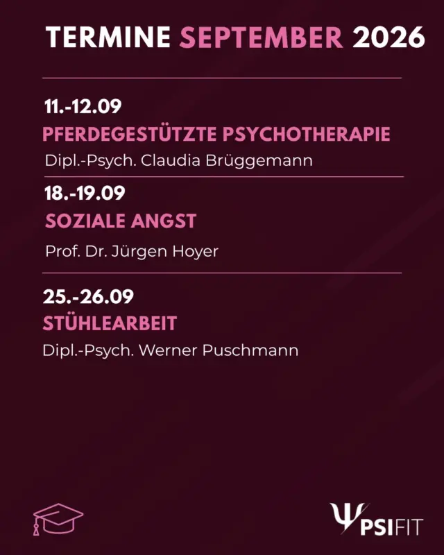 Wir präsentieren mit großer Freude unser Programm für den Monat September! Die detaillierten Kursbeschreibungen finden Sie in den folgenden Slides.

Buchen Sie jetzt!
Anmeldungen erbitten wir bevorzugt über unsere Webseite (http://www.psifit.de), sind aber auch per E-Mail, Fax und postalisch möglich. Den Link finden Sie zudem direkt in unserer Bio.

#PsiFit #Psychotherapie #wolfsburg #fortbildung #niedersachsen #ärztekammer #niedersachsen #psychologie #akademie