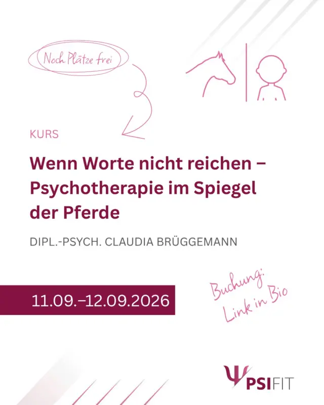 In der Begegnung mit Pferden öffnen sich therapeutische Räume, die jenseits der Sprache liegen. Wo traditionelle Gesprächstherapie an ihre Grenzen stößt, schaffen diese einfühlsamen Lebewesen unmittelbare, authentische Beziehungserfahrungen. Pferde spiegeln emotionale Zustände wider, ohne zu bewerten – sie reagieren auf das, was wirklich ist, nicht auf das, was gesagt wird.

Pferdegestützte Interventionen revolutionieren etablierte Therapieverfahren durch die Integration eines lebendigen, non-verbalen Mediums. Besonders bei traumatisierten Patienten, Kindern und Jugendlichen oder Menschen mit Bindungsstörungen eröffnen sich neue Wege zur emotionalen Heilung. Therapeuten, die diese Methode beherrschen, können auch schwer erreichbare Patienten für tiefgreifende Veränderungsprozesse gewinnen.

Buchen Sie jetzt!
Anmeldungen erbitten wir bevorzugt über unsere Webseite (http://www.psifit.de), sind aber auch per E-Mail, Fax und postalisch möglich. Den Link finden Sie zudem direkt in unserer Bio.

#Pferdetherapie #EmotionaleHeilung #TherapeutischeRäume #NonverbaleKommunikation #Bindungsstörungen #Traumatherapie #EinfühlsameBegleitung #AuthentischeBeziehungen #LebendigeInterventionen