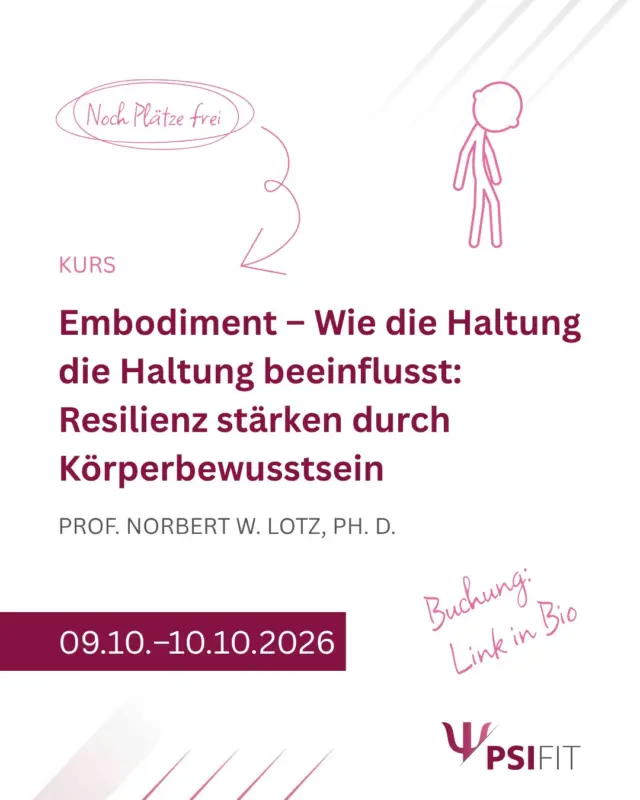 Psychische Prozesse sind untrennbar mit dem Körper verbunden. Denken, Fühlen und Handeln entstehen nicht losgelöst, sondern eingebettet in körperliche Zustände, Bewegungsmuster und die Interaktion mit der Umwelt. Das Konzept des Embodiments beschreibt diese wechselseitige Beeinflussung und rückt den Körper als aktiven Mitgestalter psychischer Prozesse in den Fokus. In der psychotherapeutischen Praxis wird dieser Zusammenhang häufig implizit genutzt, bleibt jedoch selten systematisch reflektiert. Dabei zeigen empirische Befunde eindrucksvoll, wie Haltungen, Bewegungen und körperliche Spannungszustände kognitive Bewertungen, emotionale Reaktionen und Handlungsbereitschaft unmittelbar beeinflussen.

Resilienz zeigt sich genau in dieser Fähigkeit zur Selbstregulation: Belastungen früh wahrzunehmen, adaptive Anpassungsprozesse einzuleiten und das innere Gleichgewicht wiederherzustellen. Körperbewusstsein spielt dabei eine zentrale Rolle. Der Kurs macht deutlich, wie verkörperte Interventionen genutzt werden können, um  Resilienz nicht nur zu thematisieren, sondern erfahrbar und nachhaltig veränderbar zu machen.

Das Seminar vermittelt ein fundiertes Verständnis von Embodiment als therapeutischem Wirkprinzip. Anhand ausgewählter empirischer Studien wird gezeigt, wie gezielte Bewegungen und Haltungen Denkmuster, Affekte und Stressreaktionen beeinflussen. Die Teilnehmer:innen lernen konkrete Bewegungs- und Wahrnehmungsübungen kennen, die unmittelbar auf Selbstregulation und Bewältigungsstrategien wirken. Im Zentrum steht die Erfahrung: Wie sich innere Haltung durch äußere Haltung verändert – und wie dieser Prozess therapeutisch angeleitet werden kann. Theorie, Selbsterfahrung und Reflexion sind dabei eng miteinander verbunden und ermöglichen eine sichere Integration in den therapeutischen Alltag.

Buchen Sie jetzt! Anmeldungen erbitten wir bevorzugt über unsere Webseite (http://www.psifit.de), sind aber auch per E-Mail, Fax und postalisch möglich. Den Link finden Sie auch direkt in unserer Bio.

#PsiFit #Psychotherapie #wolfsburg #fortbildung #niedersachsen #ärztekammer #niedersachsen #psychologie #akademie