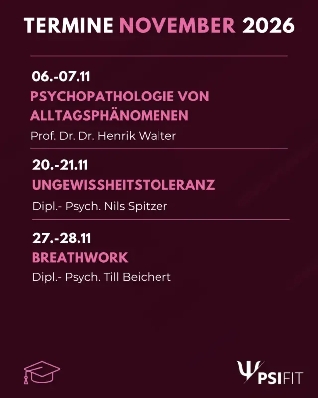 Wir präsentieren mit großer Freude unser Programm für den Monat November! Die detaillierten Kursbeschreibungen finden Sie in den folgenden Slides.

Unser Herbstkick-Rabatt gilt noch bis zum 30.11.2026!
Sichern Sie sich 15 % Rabatt auf alle Kurse 2026/2027.

Buchen Sie jetzt!
Anmeldungen erbitten wir bevorzugt über unsere Webseite (http://www.psifit.de), sind aber auch per E-Mail, Fax und postalisch möglich. Den Link finden Sie zudem direkt in unserer Bio.

#PsiFit #Psychotherapie #wolfsburg #fortbildung #niedersachsen #ärztekammer #niedersachsen #psychologie #akademie