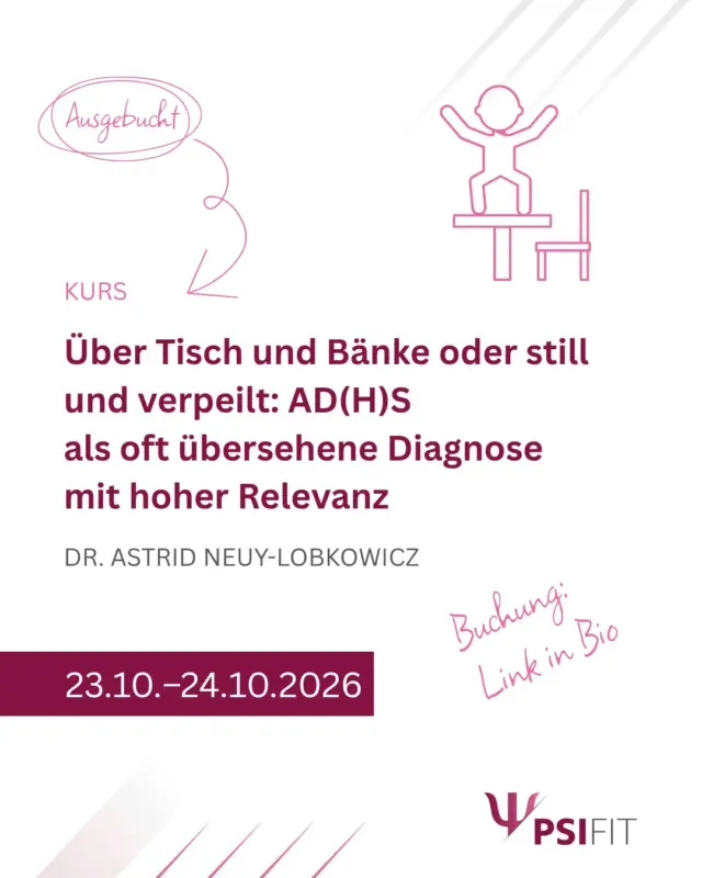 AD(H)S im Erwachsenenalter gehört zu den folgenreichsten und zugleich am häufigsten übersehenen Diagnosen in der psychotherapeutischen Versorgung. Trotz einer Prävalenz von rund vier Prozent wird nur ein Bruchteil der Betroffenen leitliniengerecht diagnostiziert und behandelt. In der klinischen Praxis erscheinen diese Patient:innen häufig mit wechselnden Symptombildern: affektive Instabilität, Antriebsschwankungen, chronische Überforderung, Beziehungsprobleme oder wiederholte berufliche Brüche. AD(H)S bleibt dabei oft im Hintergrund – verdeckt durch Komorbiditäten oder missverstanden als Persönlichkeitsstil, mangelnde Motivation oder fehlende Selbstdisziplin.
Unbehandelt entfaltet AD(H)S jedoch eine erhebliche klinische Dynamik: Hohe Raten psychischer Begleiterkrankungen, somatische Belastungen, ein deutlich erhöhtes Unfallrisiko und biografische Verläufe, die weit hinter dem tatsächlichen Potenzial zurückbleiben. Therapeutisch ist AD(H)S damit kein Randthema, sondern ein zentraler Schlüssel zum Verständnis vieler chronischer, scheinbar therapieresistenter Verläufe. 
Der Kurs vermittelt ein klares, klinisch fundiertes Verständnis von AD(H)S im Erwachsenenalter und seiner Bedeutung für Diagnostik, Therapieplanung und therapeutische Beziehung. Sie lernen, AD(H)S differenziert zu erkennen, diagnostisch sicher einzuordnen und therapeutisch wirksam zu begleiten. Neben störungsspezifischer Psychoedukation wird deutlich, wie Ressourcenorientierung, Struktur und Haltung zusammenspielen, um Selbstwirksamkeit statt chronischer Selbstabwertung zu fördern.

Wir freuen uns sehr über das große Interesse – kurz nach dem Anmeldebeginn war der Kurs ausgebucht.
Weitere Termine sind in Planung. Sobald neue Kurse verfügbar sind, informieren wir Sie.
Gerne setzen wir Sie auf die Warteliste. Sollte ein Platz frei werden, melden wir uns umgehend bei Ihnen.

Buchen Sie jetzt! Anmeldungen erbitten wir bevorzugt über unsere Webseite (http://www.psifit.de), sind aber auch per E-Mail, Fax und postalisch möglich. Den Link finden Sie auch direkt in unserer Bio.
#PsiFit #Psychotherapie #wolfsburg #fortbildung #niedersachsen #ärztekammer #niedersachsen #psychologie #akademie
